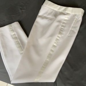 Chic Cream tuxedo pant.  Straight tapered leg.  Satin trim on legs and pockets